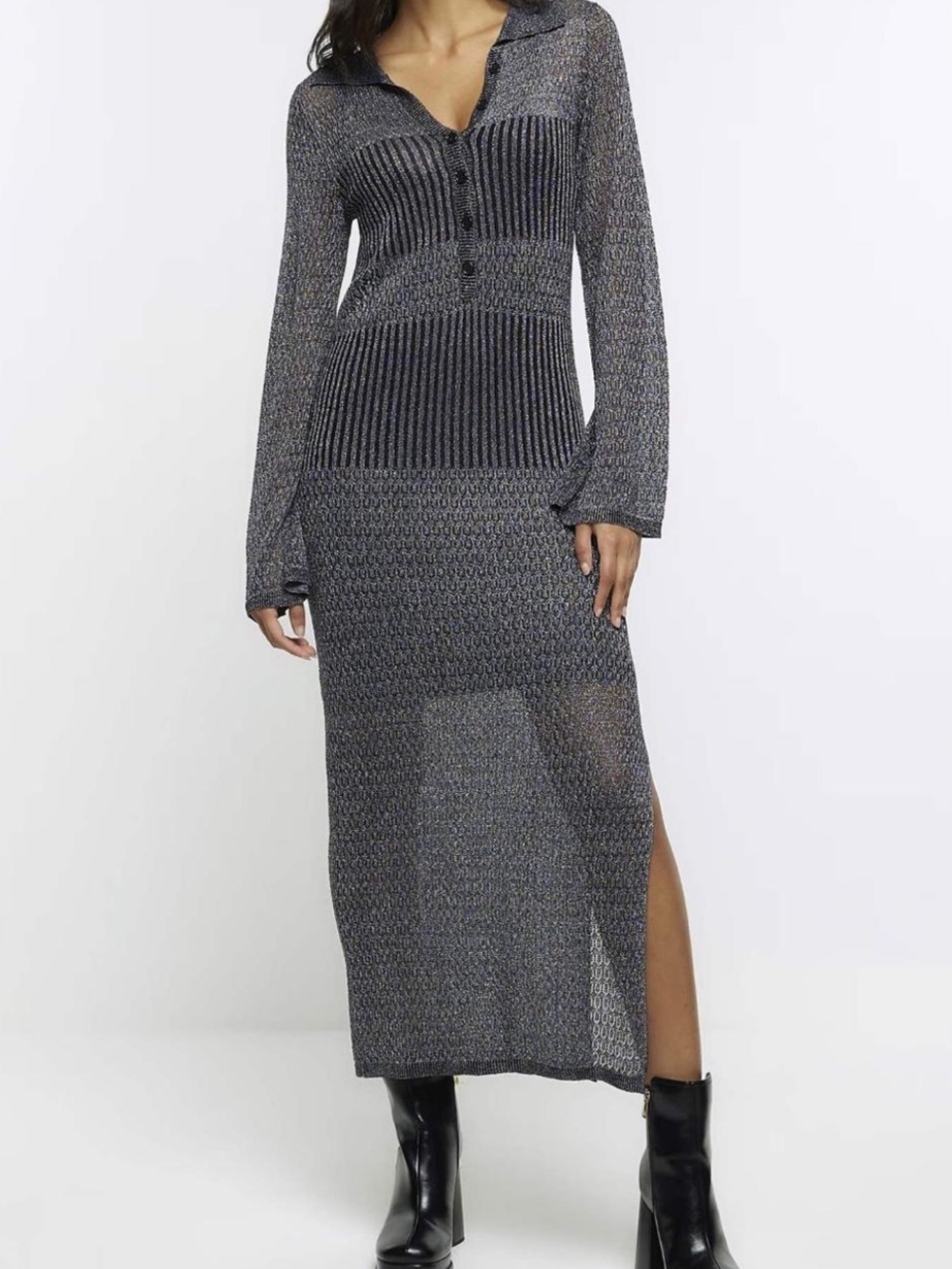RIVER ISLAND Metallic Black Knit Maxi Dress with Buttoned V-Neck